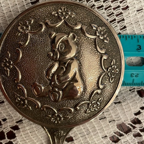 Silver keepsake baby mirror Teddy Bear and flower design 5.5” tall, 2.5”wide big - Picture 8 of 11